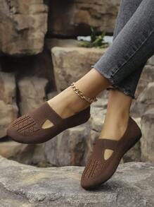 Women's Casual Round Toe Knitted Flat Shoes, Panda Pattern, Comfortable Mom Shoes, Daily Walking