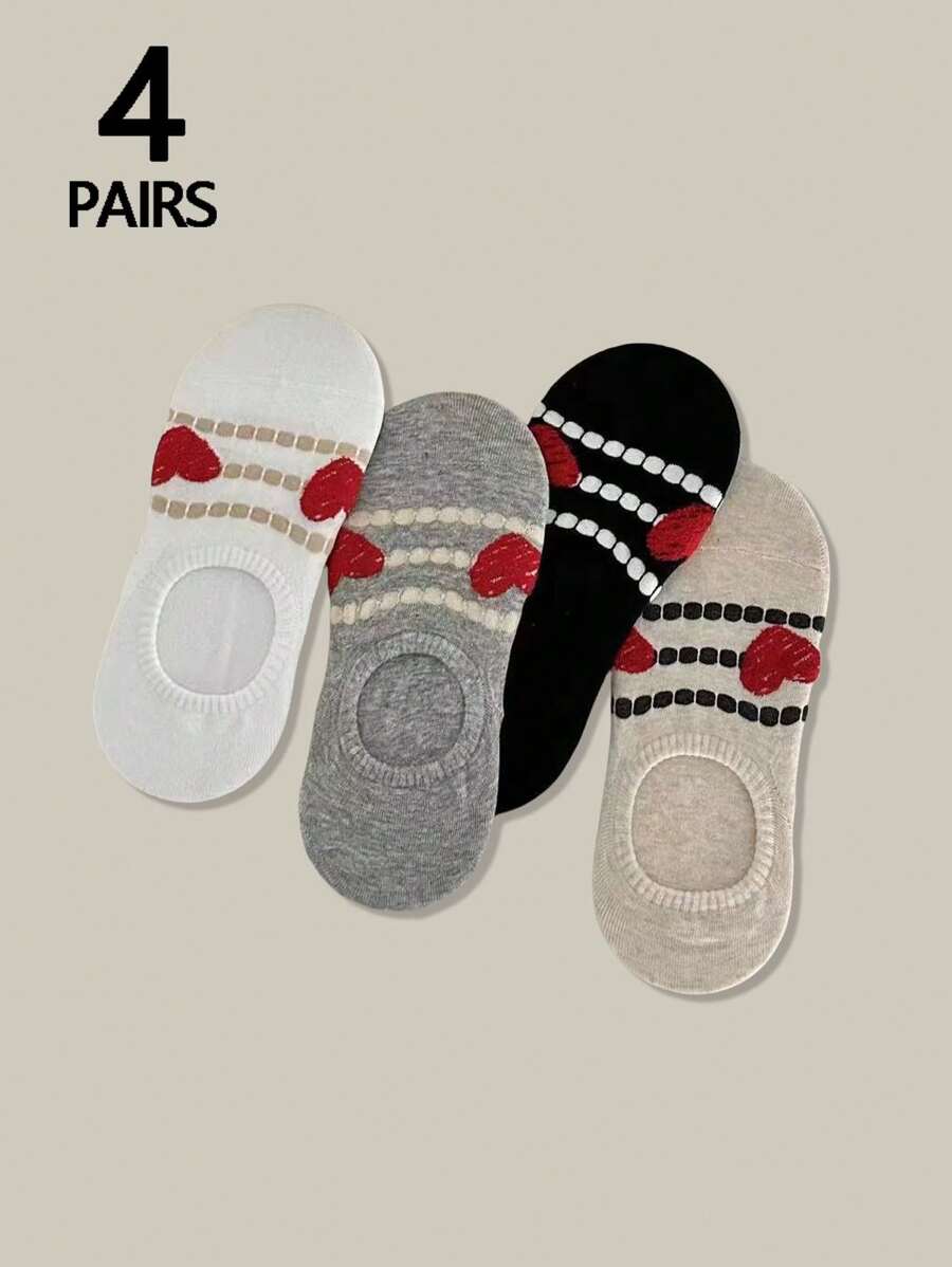 4 paires de chaussettes de doublure pour femmes avec des lignes noires et blanches et des motifs en forme de cœur, chaussettes décontractées mignonnes et de mode de haute qualité, douces et confortables, à absorption d'humidité, idéales pour la fête des mères - Multicolore - Voir 1