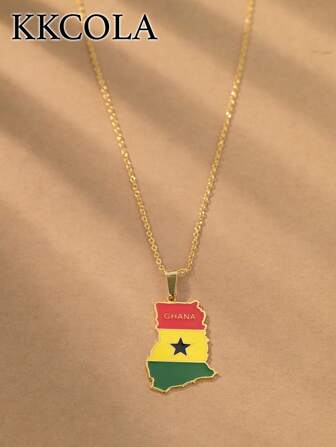 KKCOLA 1pc Fashionable & Versatile Stainless Steel Ghana Map Pendant Necklace, Unisex Minimalist Casual Vintage Street Wear, Suitable For Daily, Commute, Holiday Party Occasion
