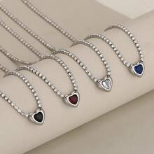 1 pieza Collar con colgante de corazón de acero inoxidable con circonita para mujeres, cadena clásica simple, colgante de ágata roja en forma de corazón, collar de clavícula elegante, joyería de celebridad de internet