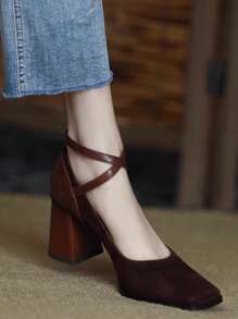 Women's Black French Chic Square Toe Thick Heel Platform High Heel Sandals With Single Strap, Wine Red,Elegant - Brown - View 3