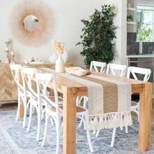1pc Bohemian Style Table Runner, Elegant Cream And Brown Crochet Tassel Trim Table Runner, Handmade Farmhouse Lace Table Decor, Suitable For Home, Dining Room, Living Room, Bedroom, Party Decoration Birthday Decorations Party Decorations Bachelorette Wedding Summer Gifts Beach Back To School School Supplies Room Decor