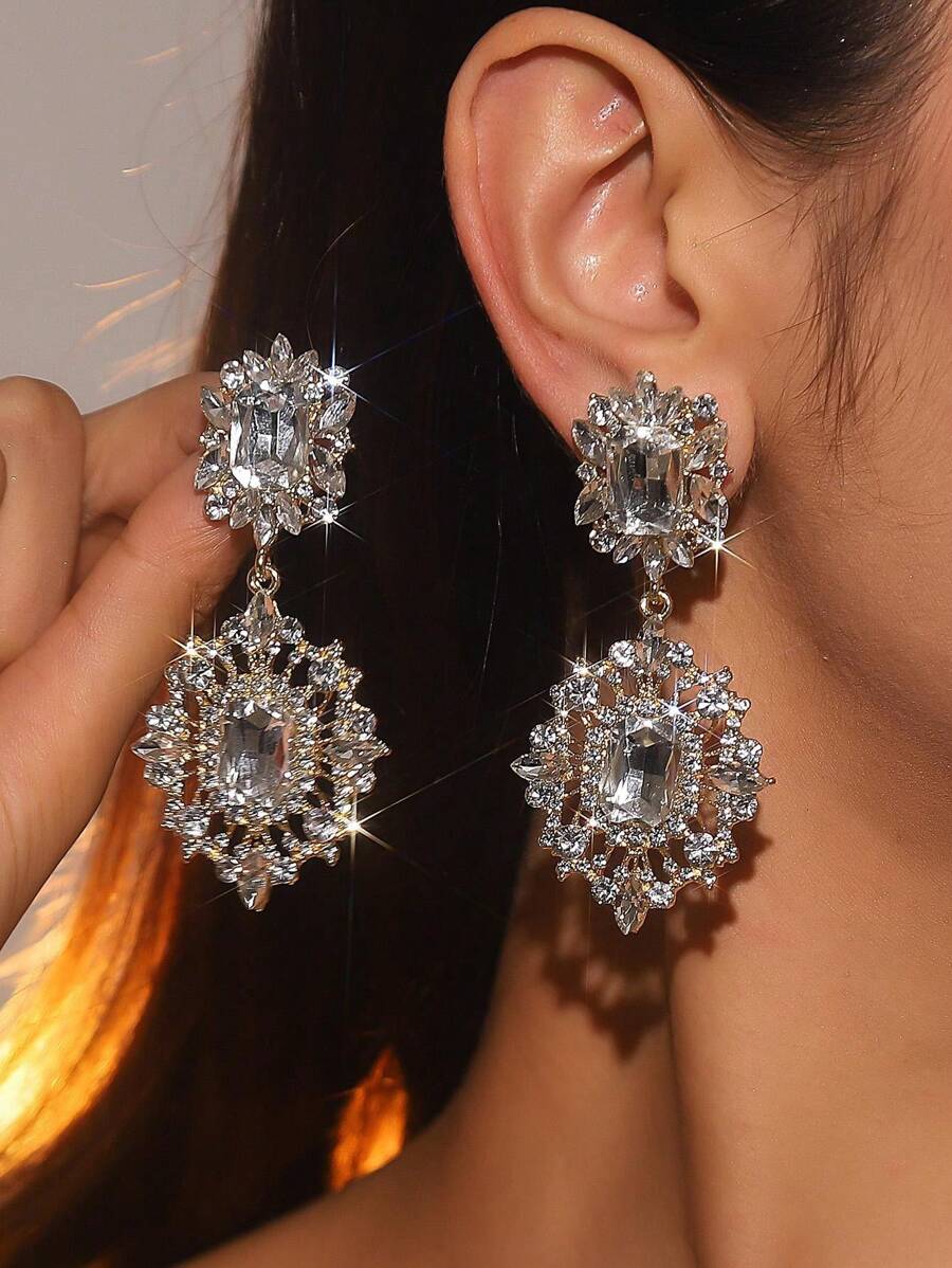 1 Pair Luxury Vintage Rhinestone Gemstone Pendant Earrings, Women's Party Jewelry