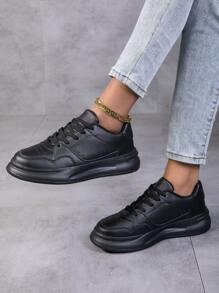 Sneakers casual nere con lacci da donna, con punta rotonda, traspiranti, basso, con lacci e senza lacci, versatili, leggere, stile campus, scarpe sportive alla moda