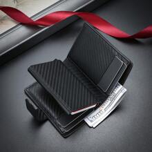 1pc New Design Men's Carbon Fiber Snap Wallet With Aluminum Box, Automatic Pop-Up Card Holder, Multi Card Slots - Black - View 4