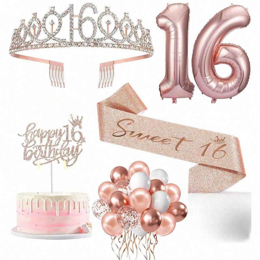 32Pcs Sweet 16 Birthday 13TH 10TH Birthday Decorations Including 16th Happy Birthday Cake Toppers, Birthday Queen Sash Sweet Rhinestone Tiara Crown Metallic Rose Gold White Confetti Latex Balloons