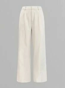 女式高腰侧袋阔腿西装裤，春/秋 - 杏色 - 查看 7