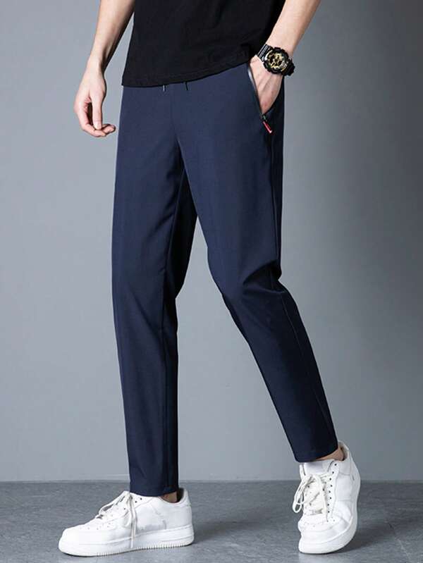 Men's Lightweight Breathable Athletic Hiking Travel Pants With Zipper Pockets, Solid Color Casual Drawstring Straight Leg Joggers, Suitable For Running, Exercise, And Daily Activities In Summer