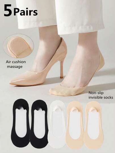5 Pairs Plus Size High Heel Socks, Solid Color Non-Slip Invisible Massage Cushion Boat Socks For Women