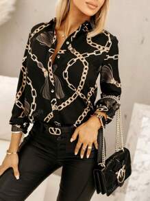 Women's Front Button Long Sleeve All-Over Print Simple Casual Shirt