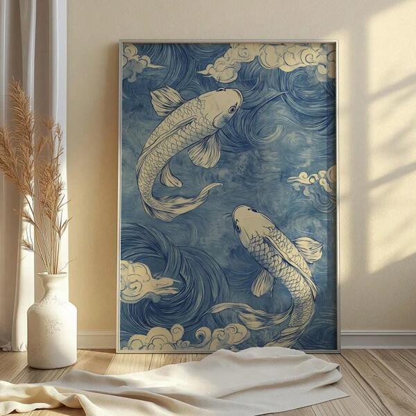 1pc Unframed/Framed Blue Japanese Koi Fish Vintage Art Canvas Poster Print Japandi Wall Art Retro Painting Aesthetic Minimalist Picture For Living Room,College Room,Apartment,Bedroom,Modern Home Decoration