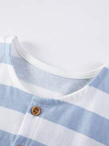 1 pieza Vestido de niña de algodón de punto de manga corta con rayas azul y blanco con decoración de bordado 3D de flores, estilo dulce para primavera y verano, transpirable