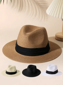 1pc Unisex Two Tone Boho Jazz Panama Sun Visor Beach Straw Hat - Khaki - View 1
