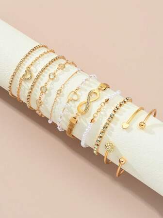 8개 세트 패셔너블하고 우아한 금속 다중 요소 인조 진주, 하트, 나비, 무한대, 라인스톤 팔찌, 개성있는 섬세한 레이어드 팔찌, 친구, 가족, 연인, 휴일, 파티, 일상 착용, 기념일을 위한 이상적인 선물