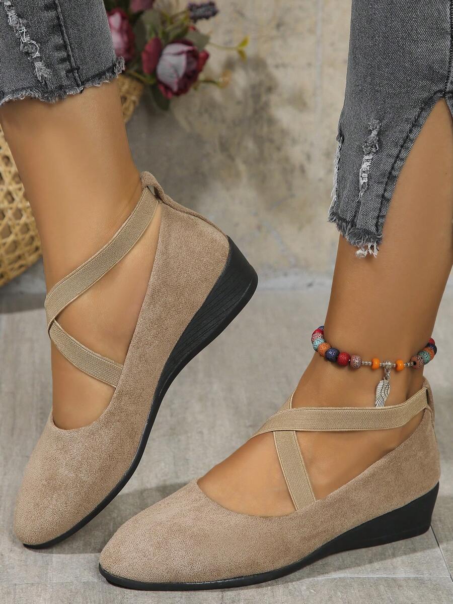 Zapatos casuales de mujer con cuña, puntera redonda, correa elástica y slip-on, para primavera/otoño - Albaricoque - Ver 1