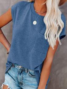 Women's Solid Color Batwing Sleeve T-Shirt Summer Loose Fit Casual Tops Pocket Patched Tee