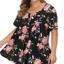 Maglietta casual da donna taglia curvy, con scollo a V e bottoni, stampa floreale, adatta per primavera/estate