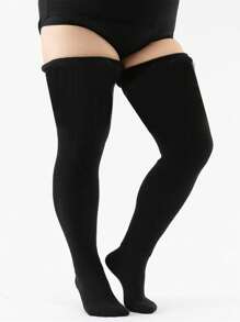 Plus Size Thigh High Socks For - Extra Wide & Long Thick Knit Socks, Cozy - Black - View 4