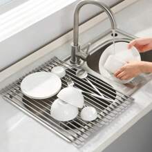 1pc Stainless Steel Roll-Up Dish Drying Rack - Space-Saving Sink-Mounted Design, Multipurpose Dish Drainer, Portable Roll-Up Rack, Drain Mat, Easy Storage, Rust-Resistant, Kitchen Tool