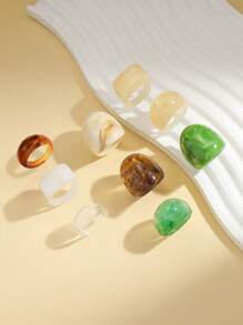 9pcs Colorful Resin Jade-Like Rings Set For Women, Suitable For Daily And Holiday Wearing - 9件彩色 - 查看 4