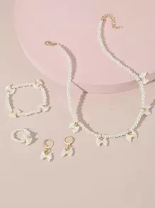 5pcs/Set Faux Pearl Bow Decor Princess Style Necklace, Bracelet, Ring, Earring Jewelry Set For Girls - White - View 1
