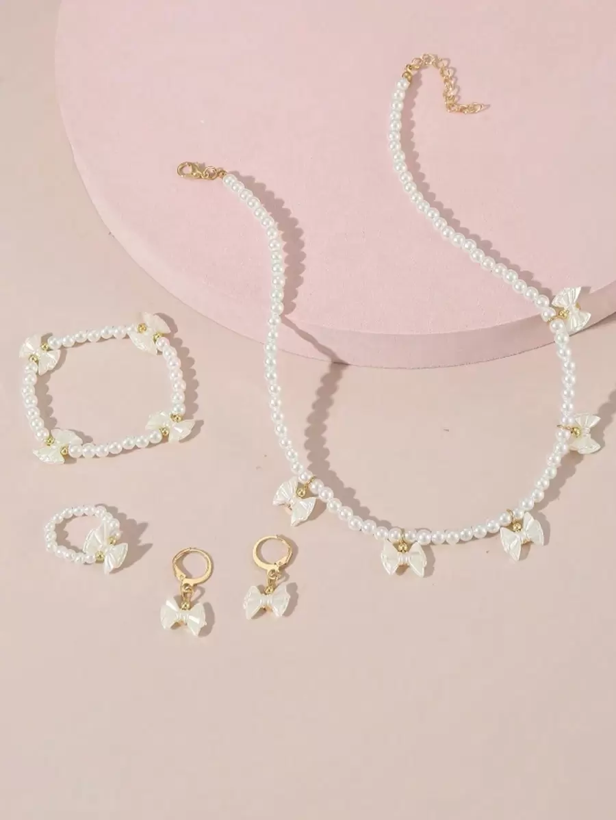 5pcs/Set Faux Pearl Bow Decor Princess Style Necklace, Bracelet, Ring, Earring Jewelry Set For Girls - White - View 1