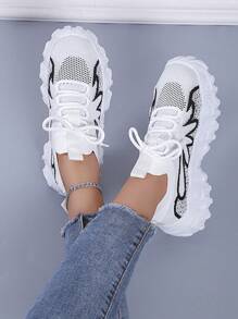 女士网眼厚底厚底运动鞋，休闲白鞋，百搭运动跑鞋，个性化运动休闲鞋，透气网眼，耐磨橡胶外底，防滑，时尚 - 黑與白 - 查看 3