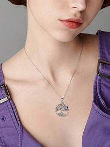 1pc Fashion Simple Life Tree With Rhinestone Hollow Circle Pendant Necklace For Women