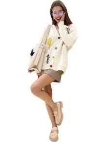 Women's Chunky Knit Long Sleeve Cardigan V-Neck Button Embroidered Sweater Jacket - White - View 5