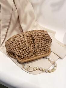 BAILEE 1件时尚新款夏季度假风纯色编织镂空褶皱云朵包，带搭扣和串珠手柄，适合旅行、海滩和休闲购物 - 卡其色 - 查看 9