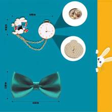 3 件复活节兔子服装套装 - 毛绒白兔子高顶帽配格纹带、金色怀表和蓝色蝴蝶结 - 涤纶混纺，无需电源 - 非常适合复活节、万圣节和圣诞节装扮派对，万圣节服装套装 | 俏皮服装设计 | 装饰性蝴蝶结，兔子配饰 - 彩色 - 查看 6