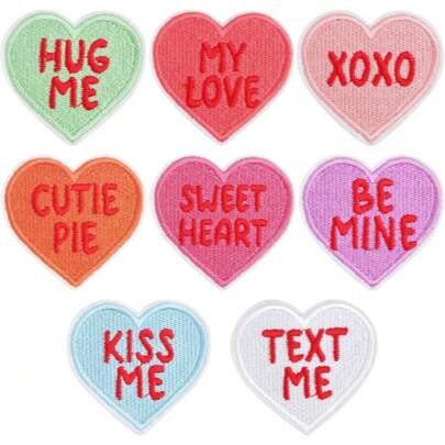 1/8 piezas Parches de hierro con forma de corazón de colores | Frases de amor bordadas | Apliques de moda DIY para vaqueros, vestidos y reparación de ropa | Poliéster lavable a máquina | Perfecto para manualidades del Día de San Valentín, suministros de manualidades de San Valentín