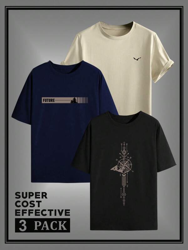 3 Pcs/Set Men's Summer Short Sleeve Graphic T-Shirt Assortment, With Tree, Bird, Geometric Lines, And Mountain Peak Patterns, Youthful Printed Round Neck Casual Tees