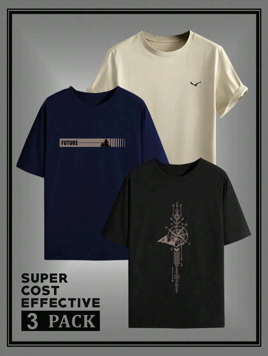 3 件/套男士夏季短袖图案 T 恤组合，带有树、鸟、几何线条和山峰图案，青春印花圆领休闲 T 恤 - 彩色 - 查看 1