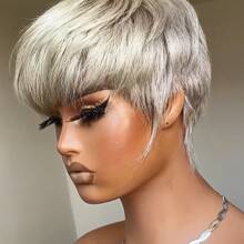 Elegant Short Pixie Cut Bob Wig With Bangs - Gray Layered Human Hair, Straight Style, Perfect For Parties & Cosplay, Machine Made,Hair Wig