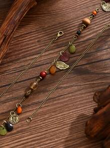 1 件波西米亚风格复古百搭泪珠、叶子和木珠装饰长项链，适合海滩、派对佩戴 - 彩色的 - 查看 3