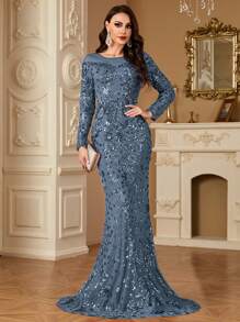 hezixi Stretchy Sequin Round Neck Long Sleeve Fishtail Hem Formal Dress, Very Comfortable To Wear, Suitable For Different Figures, Can Be Worn As Formal Occasion Dress, Party Dress, Evening Gown, Wedding Guest Dress, Etc. - 霧霾藍 - 查看 2