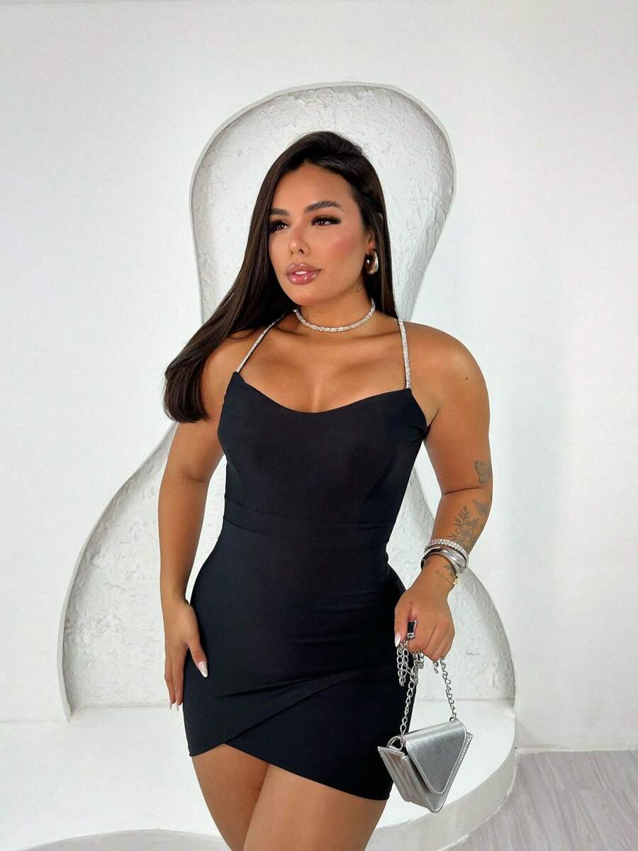 Short Shiny Sheath Dress Tight Party Club Elegant - màu đen - Xem 1