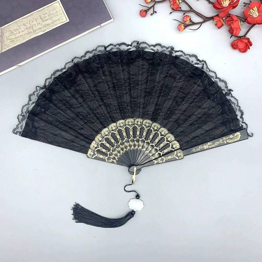 1pc Antique Style Double Layer Orchid Lace Folding Fan, Plastic Dance Fan - Multicolor - View 1