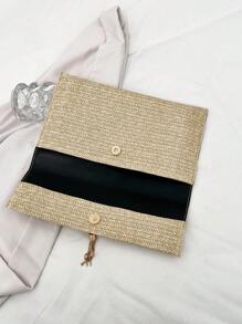 1-Piece Straw Bag With Flap And Bow Decoration Small Bag For Women, Suitable For Daily Shopping And Dating, Fashionable Hand-Held Envelope Bag For Women