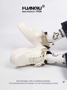 HUANQIU 2025新款男鞋男士运动鞋黑色鞋滑板鞋山水画时尚小白鞋泼墨百搭轻便舒适小白鞋系带软底休闲鞋中国风跑鞋黑白四季鞋 - 棕色 - 查看 8