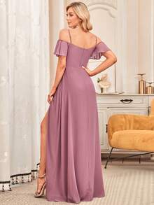 EVERPRETTY Elegant Off-Shoulder Chiffon Long Bridesmaid Dress In Soft Pink, Suitable For Weddings And Graduation Ceremonies - Dusty Pink - View 4