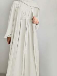 Women's Middle Eastern Style Solid Color Comfortable Casual Cardigan Jacket, Vest And Dress 2-Piece Set With Belt - No Headscarf, Autumn/Winter