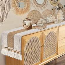 1pc Bohemian Style Table Runner, Elegant Cream And Brown Crochet Tassel Trim Table Runner, Handmade Farmhouse Lace Table Decor, Suitable For Home, Dining Room, Living Room, Bedroom, Party Decoration Birthday Decorations Party Decorations Bachelorette Wedding Summer Gifts Beach Back To School School Supplies Room Decor