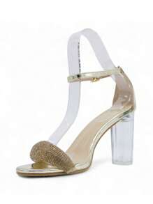 Women's Comfortable Transparent Crystal Chunky Heel Party Shoes - Gold - View 3