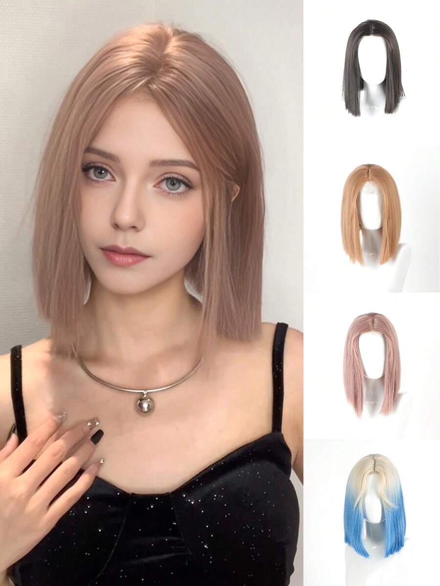 Tóc giả ren một mảnh, tóc giả bob thẳng nhiều màu ngắn thanh lịch dài 12 inch dành cho phụ nữ và trẻ em gái, tóc giả sợi tổng hợp chịu nhiệt cho các bữa tiệc và sử dụng hàng ngày, một bộ tóc giả nâng tầm vẻ ngoài của bạn - Nhiều màu - Xem 1