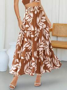 Women Full Floral Print Midi Maxi Skirt Summer Casual Elastic High Waist Pleated A-Line Flowy Boho Bohemian Long Skirt Pockets Spring Holiday Vacation Beach Going Out Valentine Outfit - 卡其色樹葉 - 查看 1