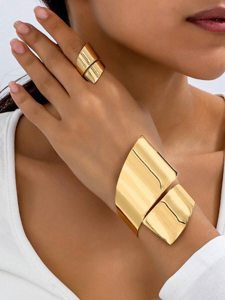 Set de 2 piezas de pulsera y anillo geométrico asimétrico de metal dorado, de estilo vintage, elegante y de moda, adecuado como regalo para fiestas, banquetes y uso diario
