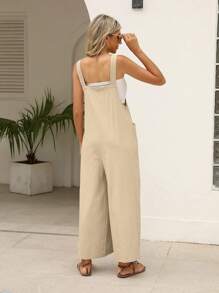 Women's Summer Cotton Linen Bib Bodysuit Loose Sleeveless Adjustable Wide Leg Jumpsuit - Màu Khaki - Xem 2