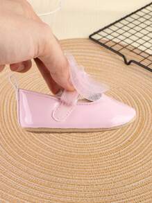 1 Pair Girls Bowknot PU Hook And Loop Design Flats, Shiny Casual Fashion Princess Shoes, Suitable For Spring & Autumn - Pink - View 6